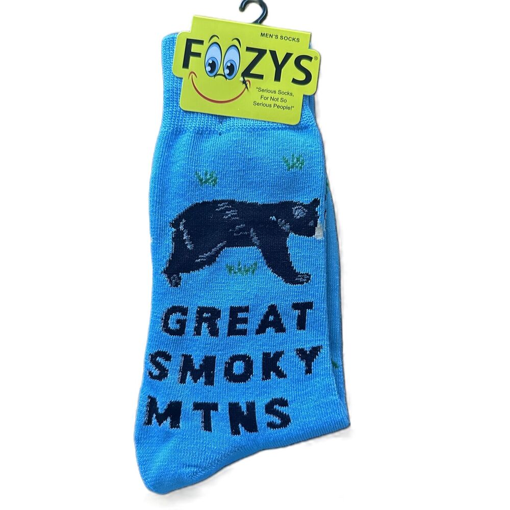 NWT Foozys Blue Great Smoky Mountains Bear Trees Graphic Crew Socks Men One Size